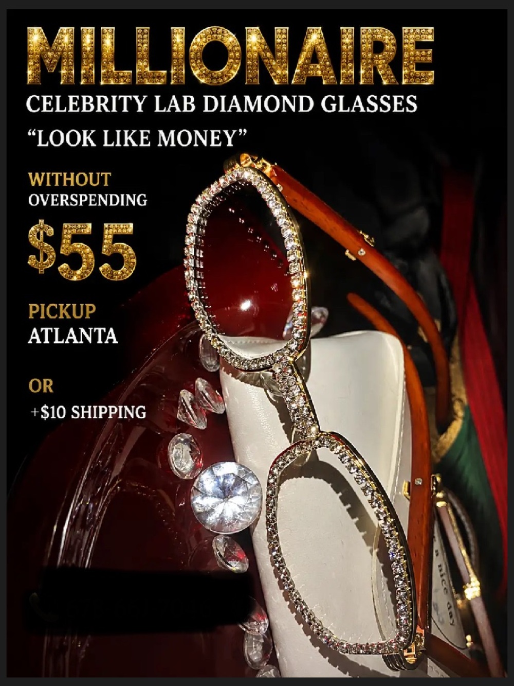 Millionaire Celebrity lab diamond glasses in gold tone. Sparkling